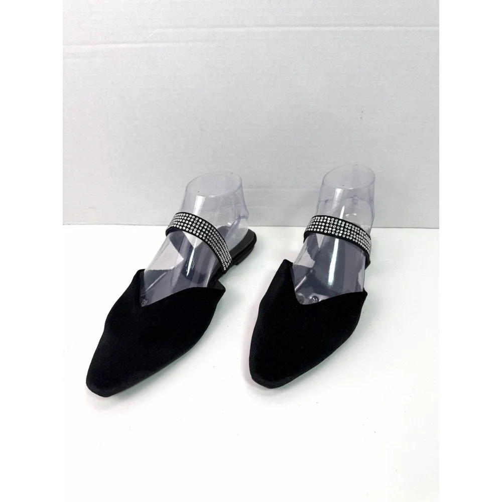 A New Day Flats Women 7.5 Black Pointed Toe Rhinestone Strap Slip On Dress Shoes